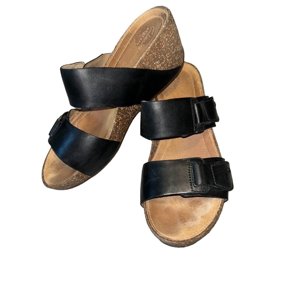 Clarks Temira East‎ 26108411 Black Leather Wedge Sandals Women's Size 10M